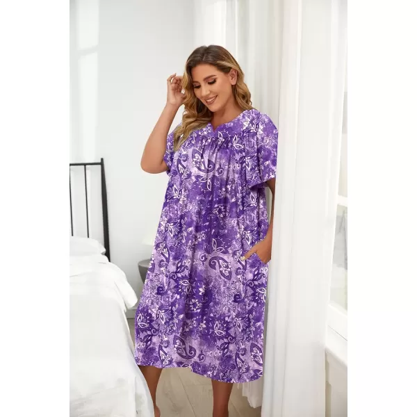 imageEkouaer Plus Womens Plus Size Mumu Dress Short Sleeve House Dress Momo Sleepdress with PocketsPurple Print