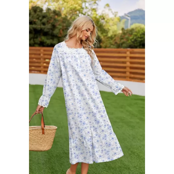 imageEkouaer Victorian Nightgown 100 Cotton Long Sleeve Vintage Old Fashioned Gown for WomenBlue Flower