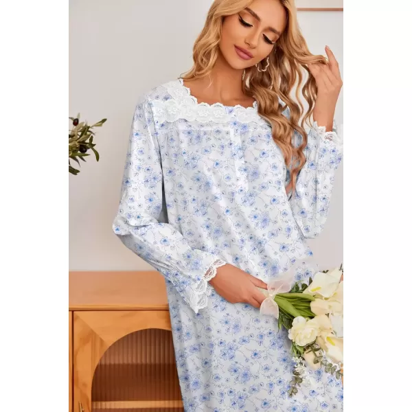 imageEkouaer Victorian Nightgown 100 Cotton Long Sleeve Vintage Old Fashioned Gown for WomenBlue Flower