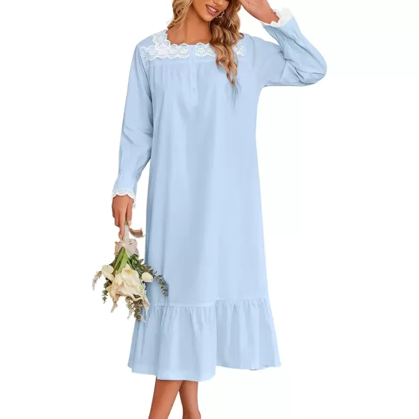 imageEkouaer Victorian Nightgown 100 Cotton Long Sleeve Vintage Old Fashioned Gown for WomenClear Blue