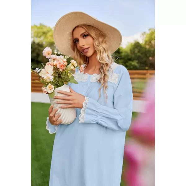 imageEkouaer Victorian Nightgown 100 Cotton Long Sleeve Vintage Old Fashioned Gown for WomenClear Blue