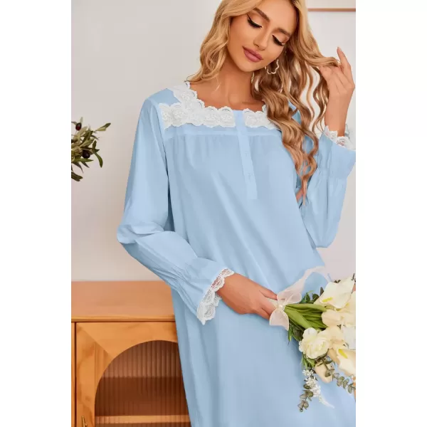 imageEkouaer Victorian Nightgown 100 Cotton Long Sleeve Vintage Old Fashioned Gown for WomenClear Blue