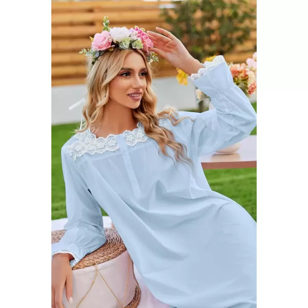imageEkouaer Victorian Nightgown 100 Cotton Long Sleeve Vintage Old Fashioned Gown for WomenClear Blue