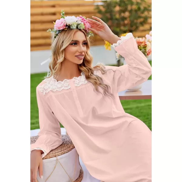 imageEkouaer Victorian Nightgown 100 Cotton Long Sleeve Vintage Old Fashioned Gown for WomenLight Pink