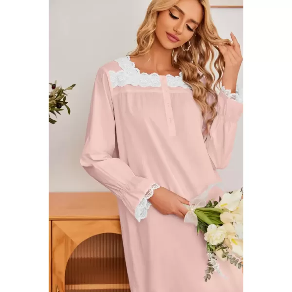 imageEkouaer Victorian Nightgown 100 Cotton Long Sleeve Vintage Old Fashioned Gown for WomenLight Pink