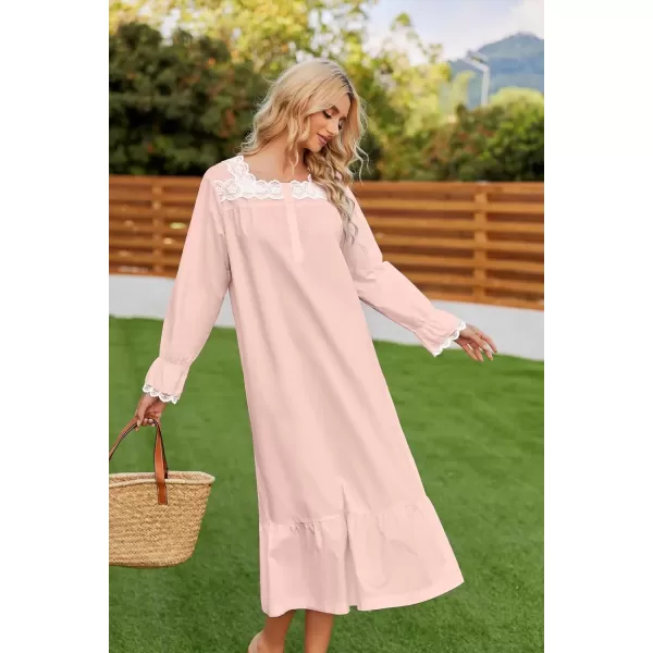 imageEkouaer Victorian Nightgown 100 Cotton Long Sleeve Vintage Old Fashioned Gown for WomenLight Pink