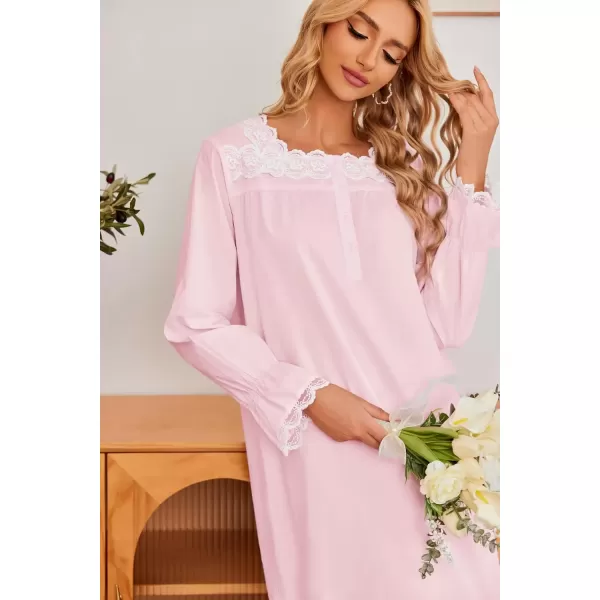 imageEkouaer Victorian Nightgown 100 Cotton Long Sleeve Vintage Old Fashioned Gown for WomenPink