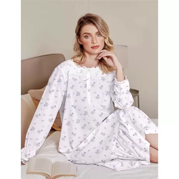 imageEkouaer Victorian Nightgown 100 Cotton Long Sleeve Vintage Old Fashioned Gown for WomenWhite Purple Floral
