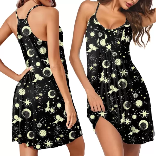 imageEkouaer Women Nightgowns Sleeveless Sleepwear Spaghetti Strap Racerback Pajama Dress Nightshirt SXXLBlack Star Moon