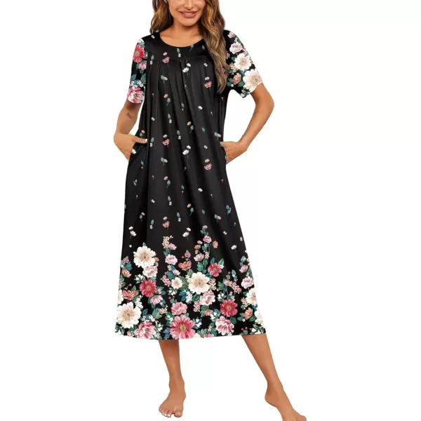 imageEkouaer Womens House Dress with Pockets Long Nightgowns for Women House Dress Pleated Front Moo Moos for Women SXXXLBlack Flower