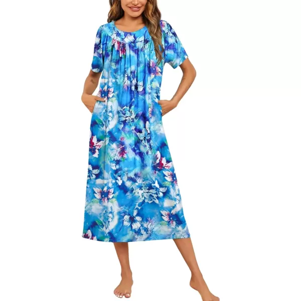 imageEkouaer Womens House Dress with Pockets Long Nightgowns for Women House Dress Pleated Front Moo Moos for Women SXXXLBlue Tiedye Flowers