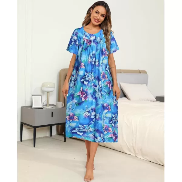 imageEkouaer Womens House Dress with Pockets Long Nightgowns for Women House Dress Pleated Front Moo Moos for Women SXXXLBlue Tiedye Flowers