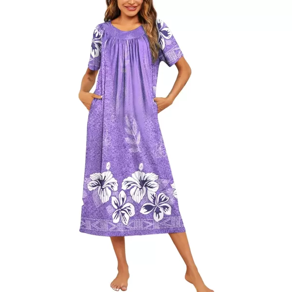 imageEkouaer Womens House Dress with Pockets Long Nightgowns for Women House Dress Pleated Front Moo Moos for Women SXXXLFloral Purple