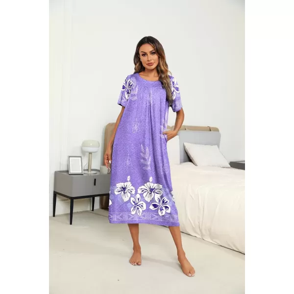 imageEkouaer Womens House Dress with Pockets Long Nightgowns for Women House Dress Pleated Front Moo Moos for Women SXXXLFloral Purple