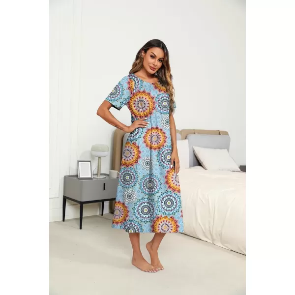 imageEkouaer Womens House Dress with Pockets Long Nightgowns for Women House Dress Pleated Front Moo Moos for Women SXXXLLight Blue Mandala