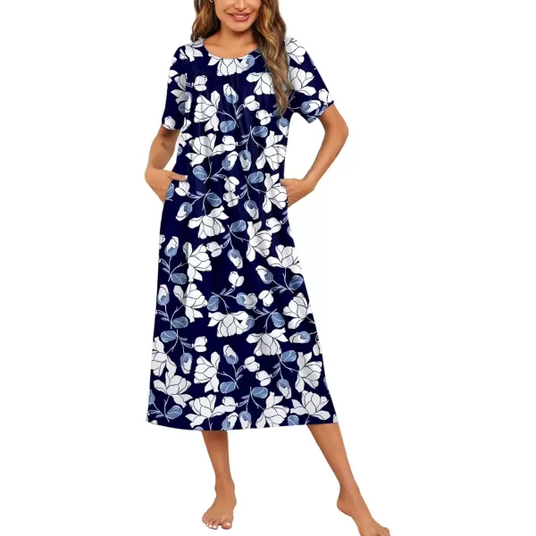 imageEkouaer Womens House Dress with Pockets Long Nightgowns for Women House Dress Pleated Front Moo Moos for Women SXXXLNavy Flower