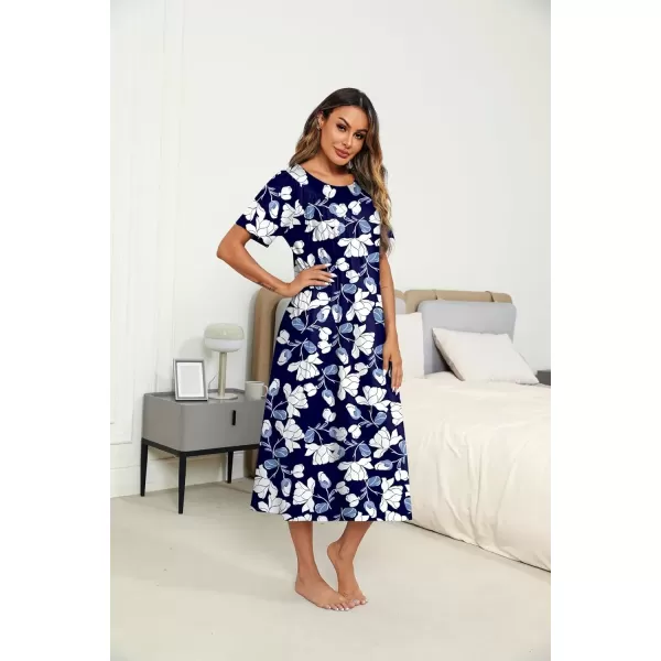 imageEkouaer Womens House Dress with Pockets Long Nightgowns for Women House Dress Pleated Front Moo Moos for Women SXXXLNavy Flower