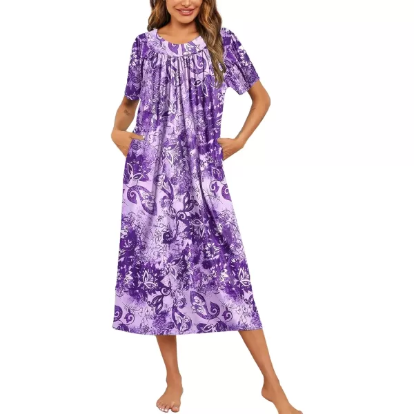 imageEkouaer Womens House Dress with Pockets Long Nightgowns for Women House Dress Pleated Front Moo Moos for Women SXXXLPurple Tiedye Flowers