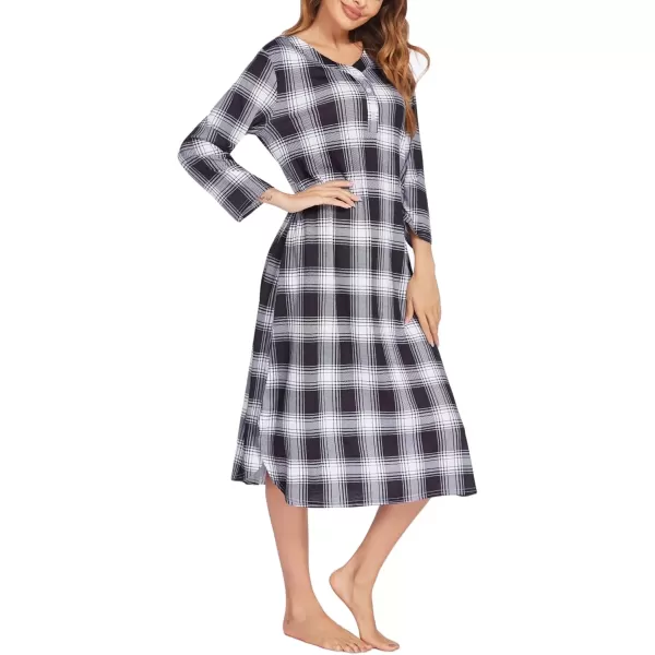 imageEkouaer Womens Long Nightgowns Plaid Sleepwear Soft Loose Nightshirt 34 Sleeve Plus Size Housecoat with Button ampamp PocketsBlack Plaid