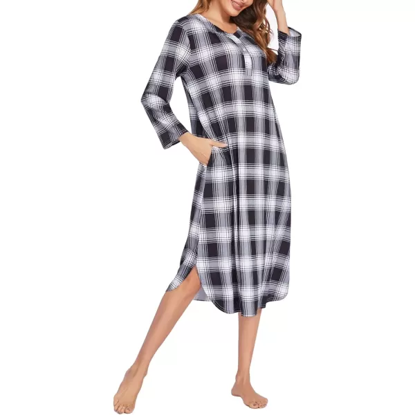 imageEkouaer Womens Long Nightgowns Plaid Sleepwear Soft Loose Nightshirt 34 Sleeve Plus Size Housecoat with Button ampamp PocketsBlack Plaid