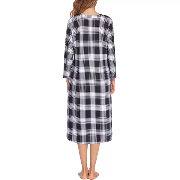 imageEkouaer Womens Long Nightgowns Plaid Sleepwear Soft Loose Nightshirt 34 Sleeve Plus Size Housecoat with Button ampamp PocketsBlack Plaid