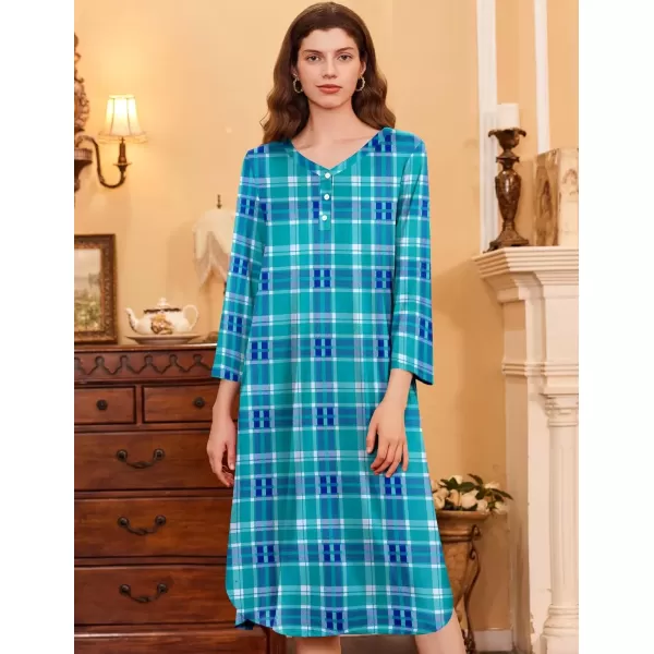 imageEkouaer Womens Long Nightgowns Plaid Sleepwear Soft Loose Nightshirt 34 Sleeve Plus Size Housecoat with Button ampamp PocketsBluegreen Plaid