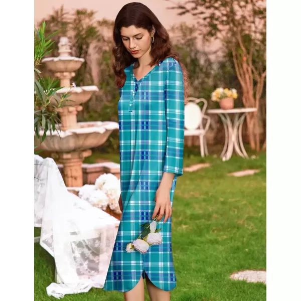 imageEkouaer Womens Long Nightgowns Plaid Sleepwear Soft Loose Nightshirt 34 Sleeve Plus Size Housecoat with Button ampamp PocketsBluegreen Plaid