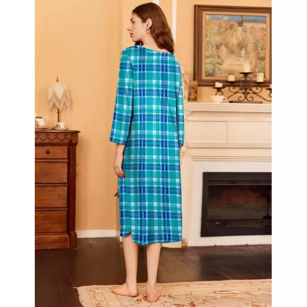 imageEkouaer Womens Long Nightgowns Plaid Sleepwear Soft Loose Nightshirt 34 Sleeve Plus Size Housecoat with Button ampamp PocketsBluegreen Plaid