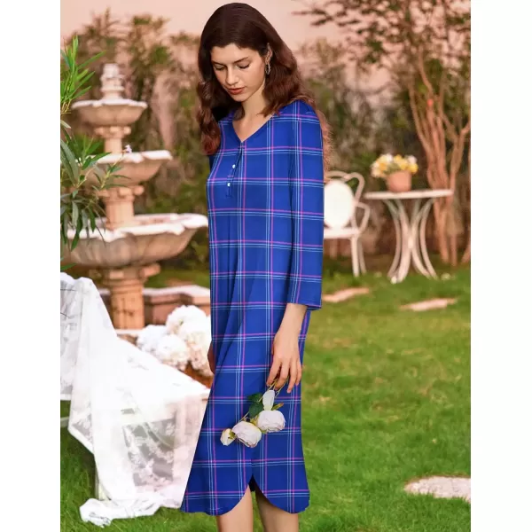 imageEkouaer Womens Long Nightgowns Plaid Sleepwear Soft Loose Nightshirt 34 Sleeve Plus Size Housecoat with Button ampamp PocketsBluepink Plaid