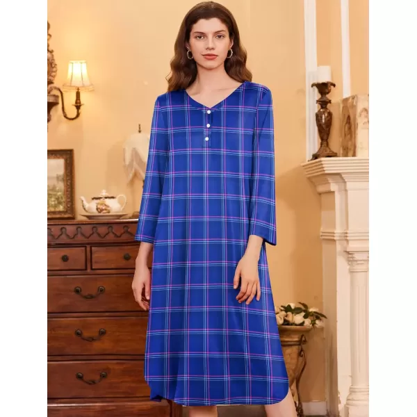 imageEkouaer Womens Long Nightgowns Plaid Sleepwear Soft Loose Nightshirt 34 Sleeve Plus Size Housecoat with Button ampamp PocketsBluepink Plaid