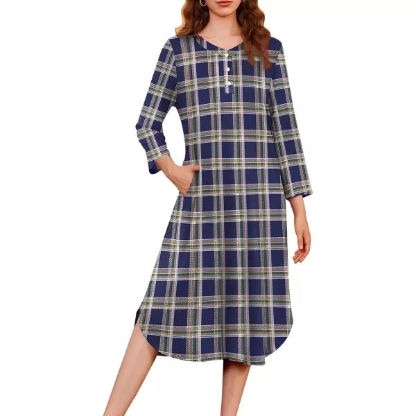 imageEkouaer Womens Long Nightgowns Plaid Sleepwear Soft Loose Nightshirt 34 Sleeve Plus Size Housecoat with Button ampamp PocketsBlueyellow Plaid