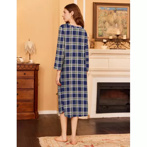 imageEkouaer Womens Long Nightgowns Plaid Sleepwear Soft Loose Nightshirt 34 Sleeve Plus Size Housecoat with Button ampamp PocketsBlueyellow Plaid