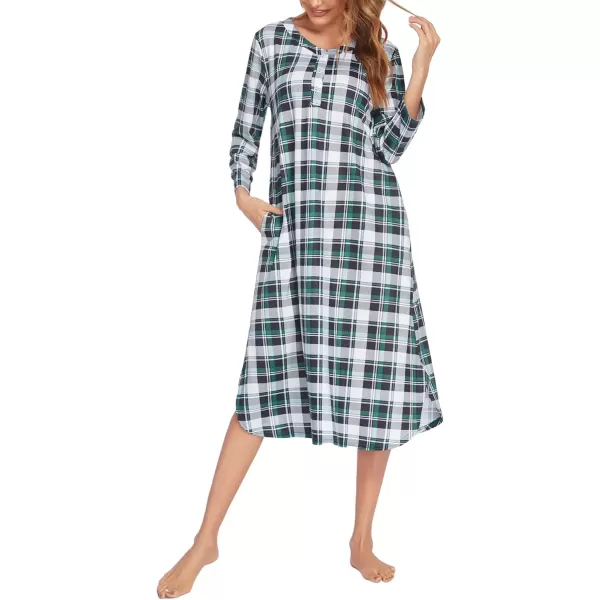 imageEkouaer Womens Long Nightgowns Plaid Sleepwear Soft Loose Nightshirt 34 Sleeve Plus Size Housecoat with Button ampamp PocketsGreen Plaid