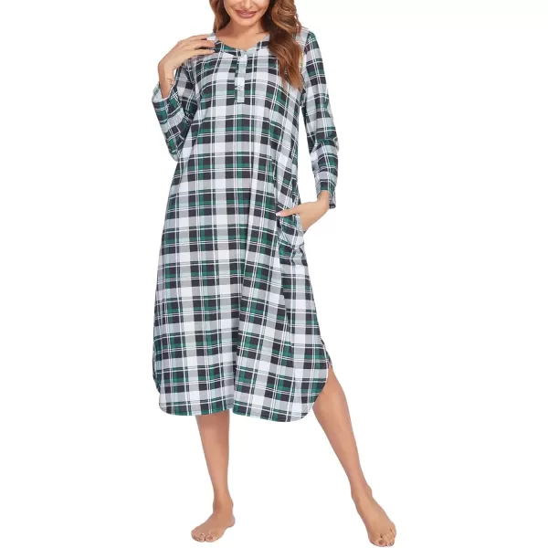 imageEkouaer Womens Long Nightgowns Plaid Sleepwear Soft Loose Nightshirt 34 Sleeve Plus Size Housecoat with Button ampamp PocketsGreen Plaid