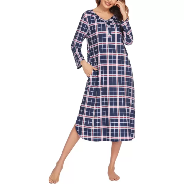 imageEkouaer Womens Long Nightgowns Plaid Sleepwear Soft Loose Nightshirt 34 Sleeve Plus Size Housecoat with Button ampamp PocketsNavy Plaid