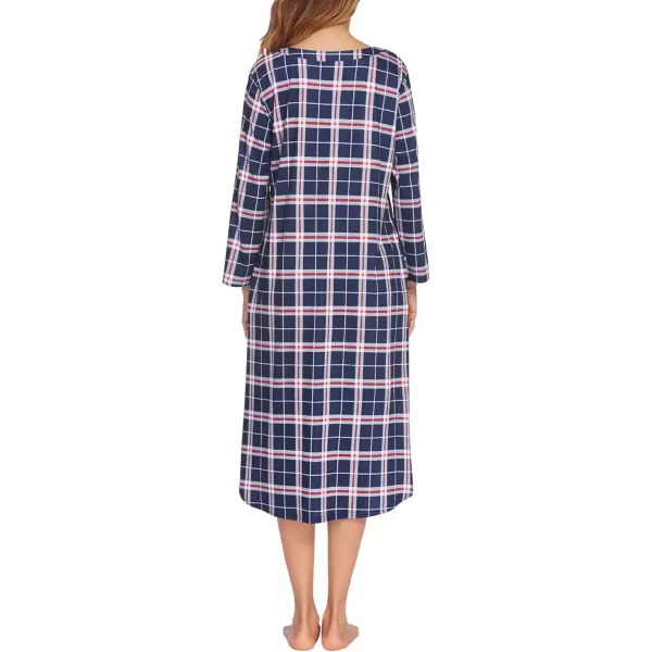 imageEkouaer Womens Long Nightgowns Plaid Sleepwear Soft Loose Nightshirt 34 Sleeve Plus Size Housecoat with Button ampamp PocketsNavy Plaid