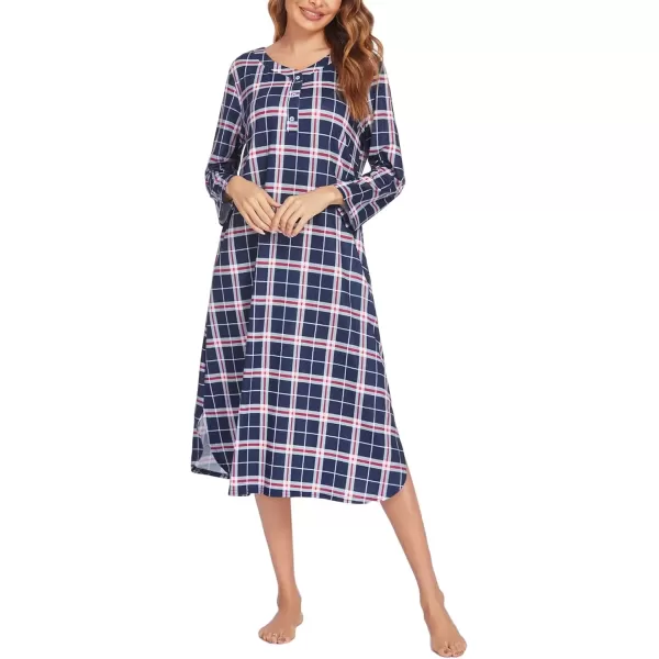 imageEkouaer Womens Long Nightgowns Plaid Sleepwear Soft Loose Nightshirt 34 Sleeve Plus Size Housecoat with Button ampamp PocketsNavy Plaid