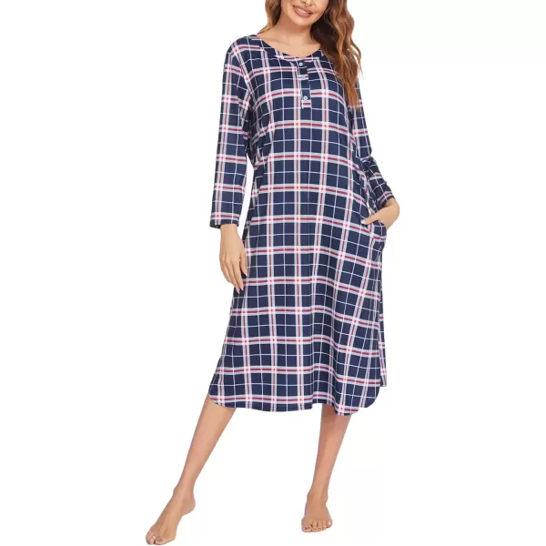 imageEkouaer Womens Long Nightgowns Plaid Sleepwear Soft Loose Nightshirt 34 Sleeve Plus Size Housecoat with Button ampamp PocketsNavy Plaid