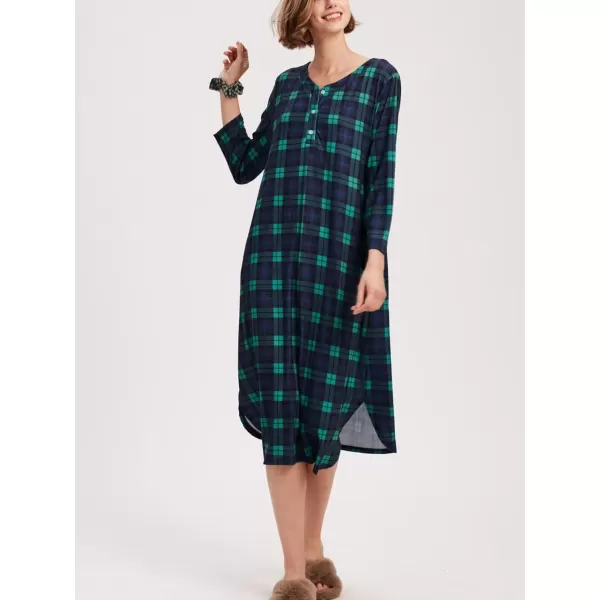 imageEkouaer Womens Long Nightgowns Plaid Sleepwear Soft Loose Nightshirt 34 Sleeve Plus Size Housecoat with Button ampamp PocketsOcean Green Plaid