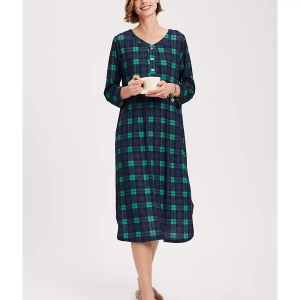 imageEkouaer Womens Long Nightgowns Plaid Sleepwear Soft Loose Nightshirt 34 Sleeve Plus Size Housecoat with Button ampamp PocketsOcean Green Plaid