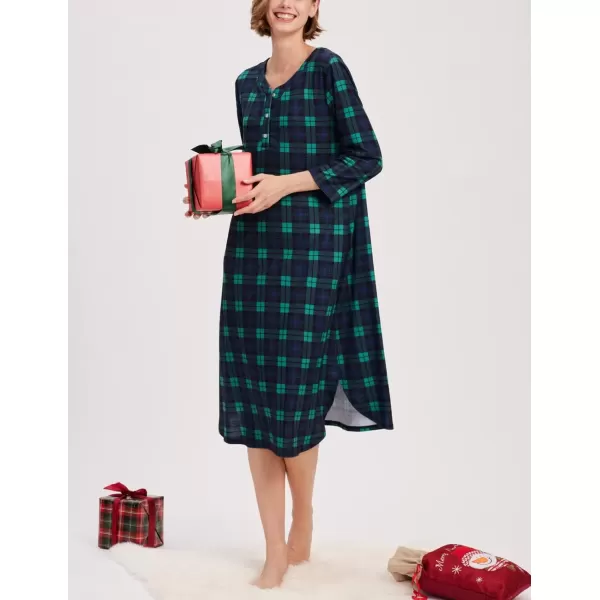 imageEkouaer Womens Long Nightgowns Plaid Sleepwear Soft Loose Nightshirt 34 Sleeve Plus Size Housecoat with Button ampamp PocketsOcean Green Plaid