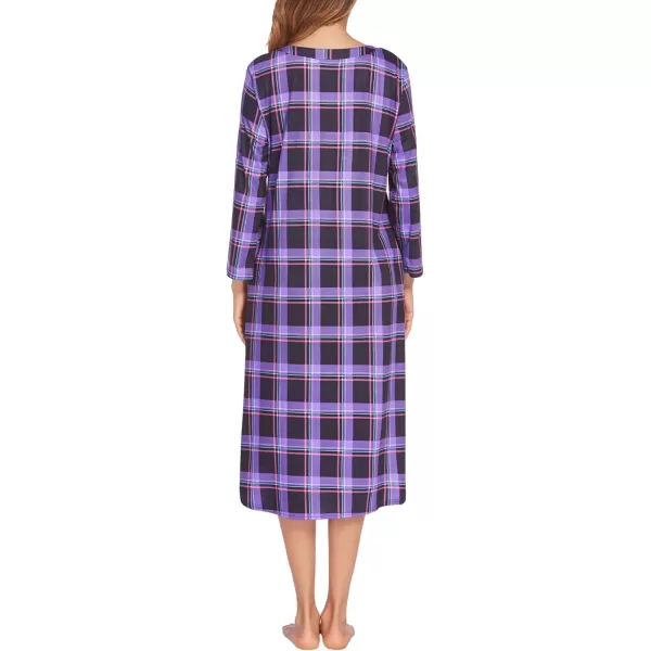 imageEkouaer Womens Long Nightgowns Plaid Sleepwear Soft Loose Nightshirt 34 Sleeve Plus Size Housecoat with Button ampamp PocketsPurple Plaid