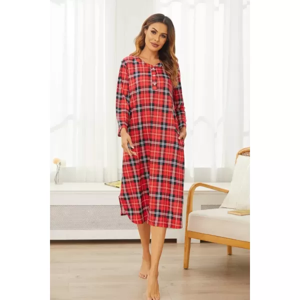 imageEkouaer Womens Long Nightgowns Plaid Sleepwear Soft Loose Nightshirt 34 Sleeve Plus Size Housecoat with Button ampamp PocketsRed Plaid