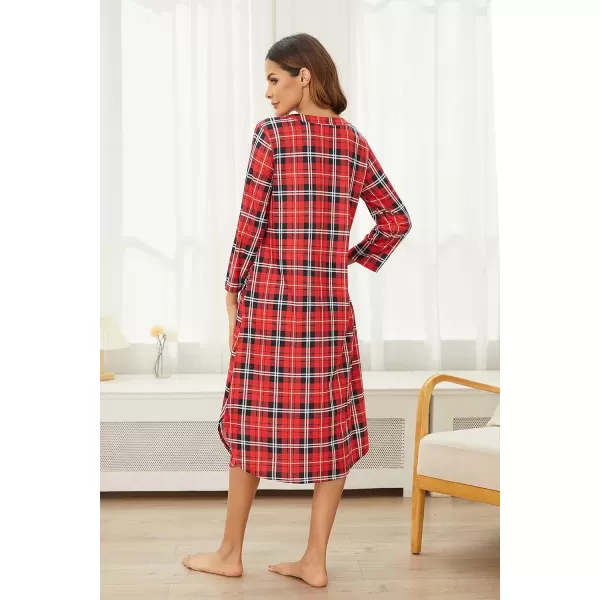 imageEkouaer Womens Long Nightgowns Plaid Sleepwear Soft Loose Nightshirt 34 Sleeve Plus Size Housecoat with Button ampamp PocketsRed Plaid