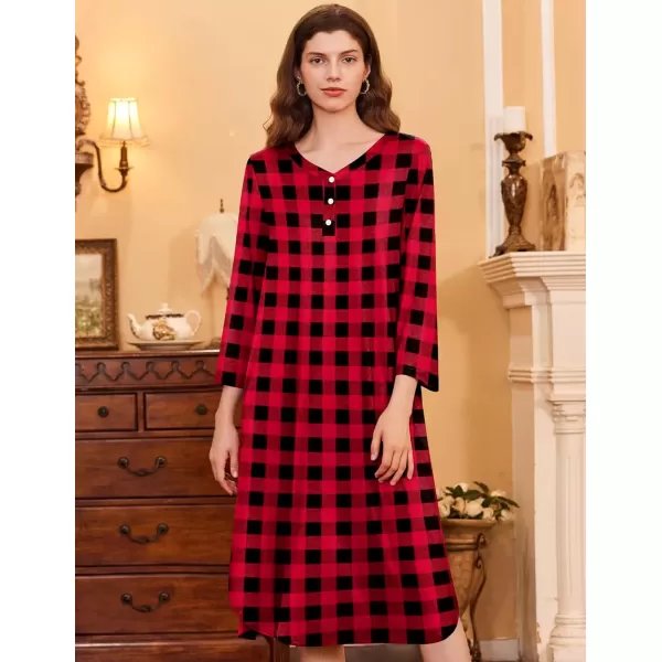 imageEkouaer Womens Long Nightgowns Plaid Sleepwear Soft Loose Nightshirt 34 Sleeve Plus Size Housecoat with Button ampamp PocketsRedblack Plaid