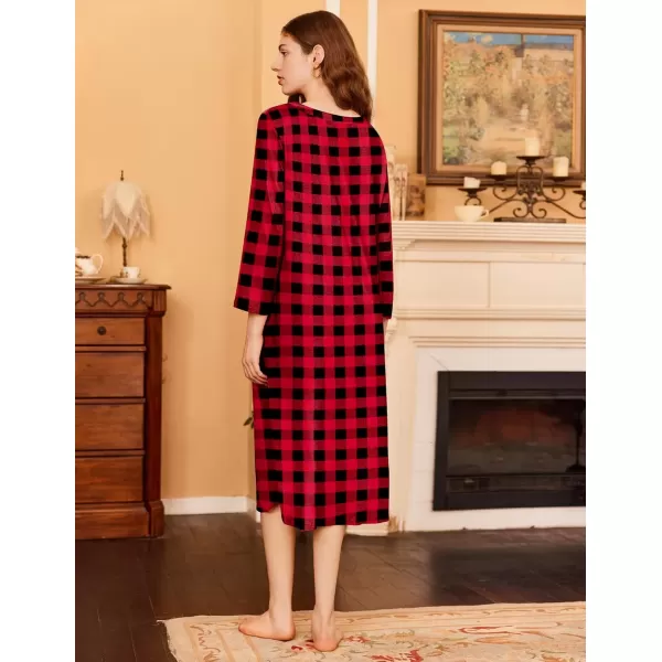 imageEkouaer Womens Long Nightgowns Plaid Sleepwear Soft Loose Nightshirt 34 Sleeve Plus Size Housecoat with Button ampamp PocketsRedblack Plaid