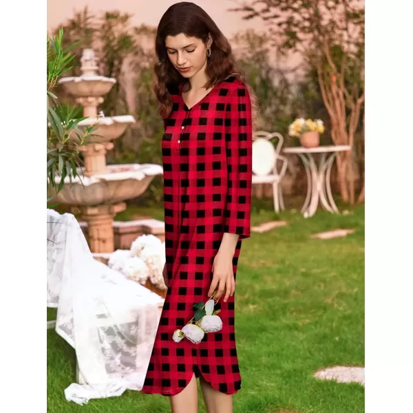 imageEkouaer Womens Long Nightgowns Plaid Sleepwear Soft Loose Nightshirt 34 Sleeve Plus Size Housecoat with Button ampamp PocketsRedblack Plaid