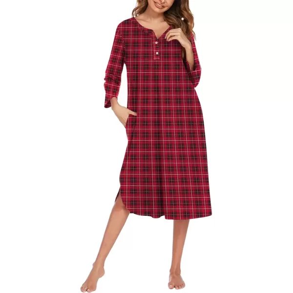 imageEkouaer Womens Long Nightgowns Plaid Sleepwear Soft Loose Nightshirt 34 Sleeve Plus Size Housecoat with Button ampamp PocketsRedgreen Plaid