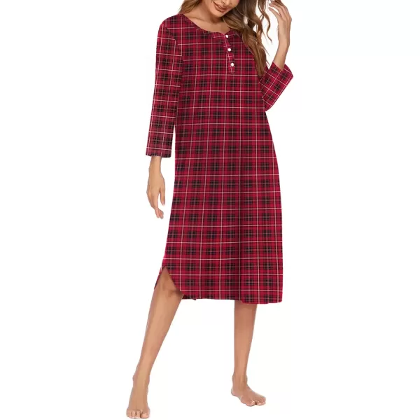 imageEkouaer Womens Long Nightgowns Plaid Sleepwear Soft Loose Nightshirt 34 Sleeve Plus Size Housecoat with Button ampamp PocketsRedgreen Plaid