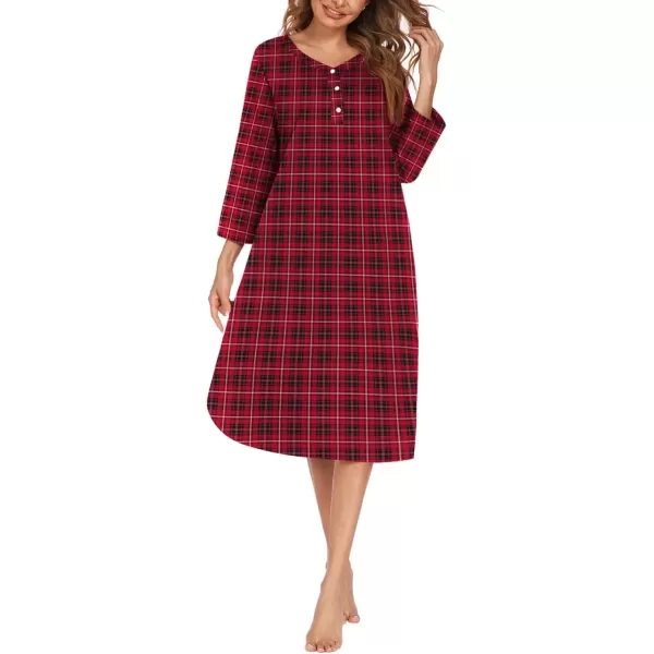 imageEkouaer Womens Long Nightgowns Plaid Sleepwear Soft Loose Nightshirt 34 Sleeve Plus Size Housecoat with Button ampamp PocketsRedgreen Plaid